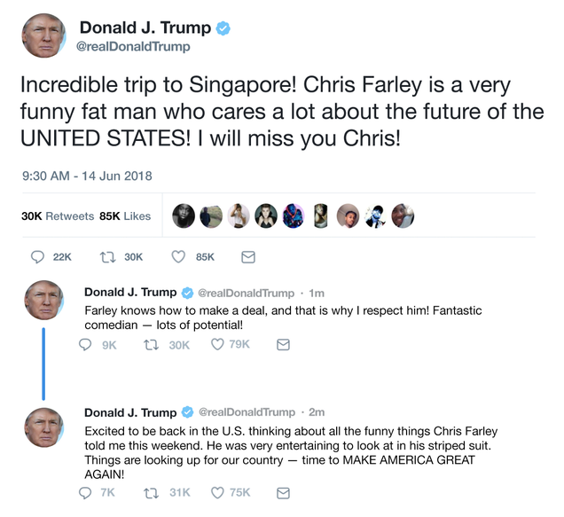 Illustration for article titled Diplomacy Disaster: President Trump Just Sent Out A Series Of Tweets That Makes It Pretty Clear That He’s Under The Impression He Spent The Past Few Days Hanging Out With Chris Farley